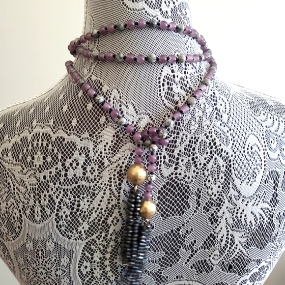 Extra Long Convertible Beaded Tassel Necklace 58 inches Purple Gray Blac… - Picture 2 of 8